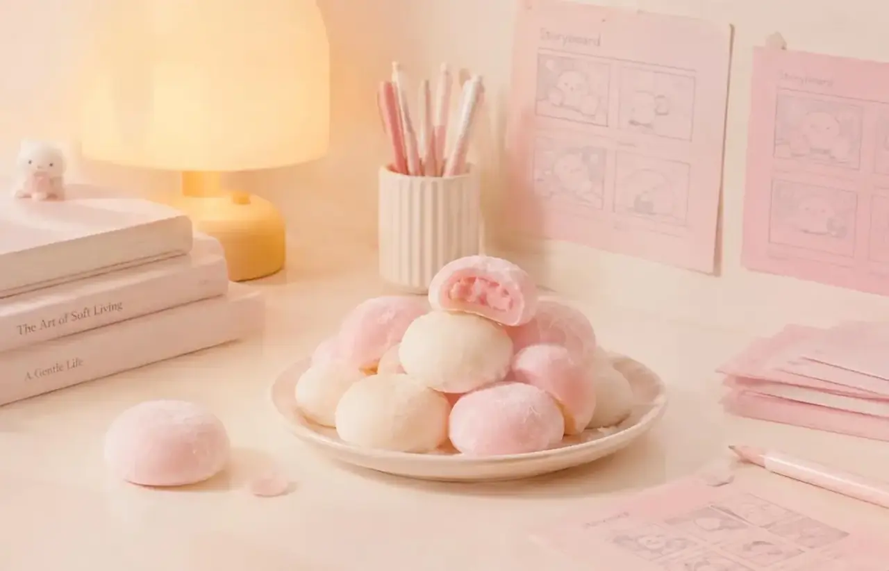 红果慢剧 - 品牌工作室 红果慢剧品牌工作室场景,暖光下的麻薯与粉色故事板