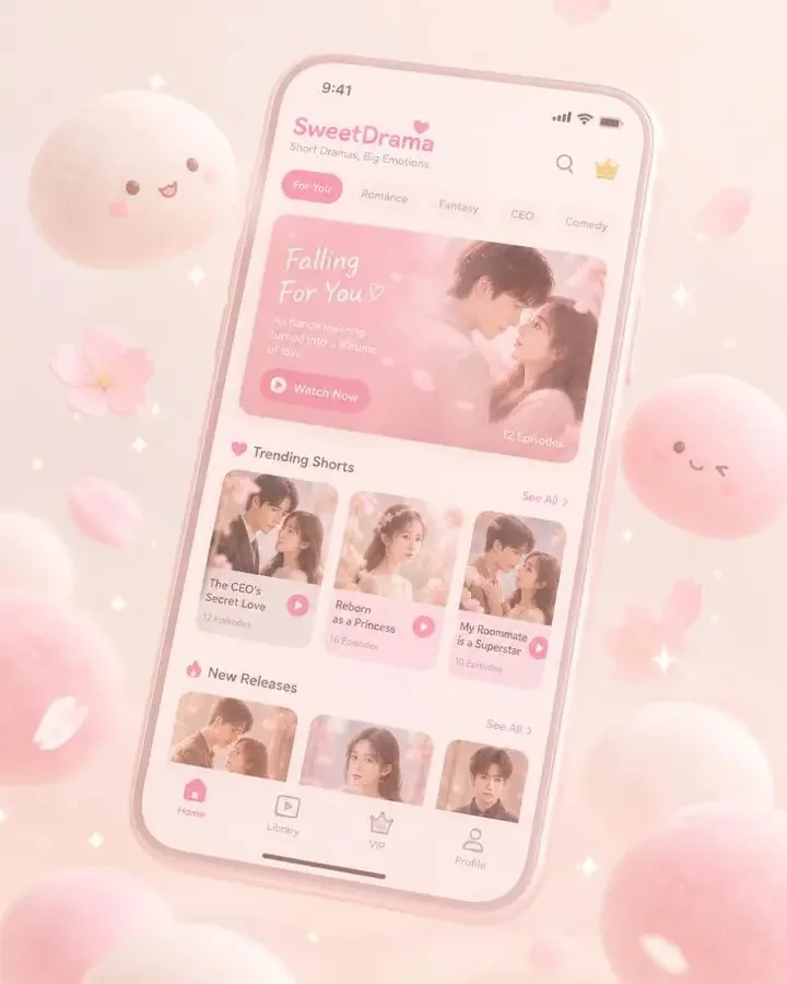 红果慢剧 APP 首页界面示意，展示粉色圆角卡片与播放按钮